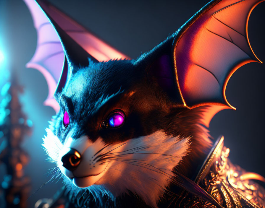 Majestic cat with bat-like wings and glowing purple eyes in dark setting