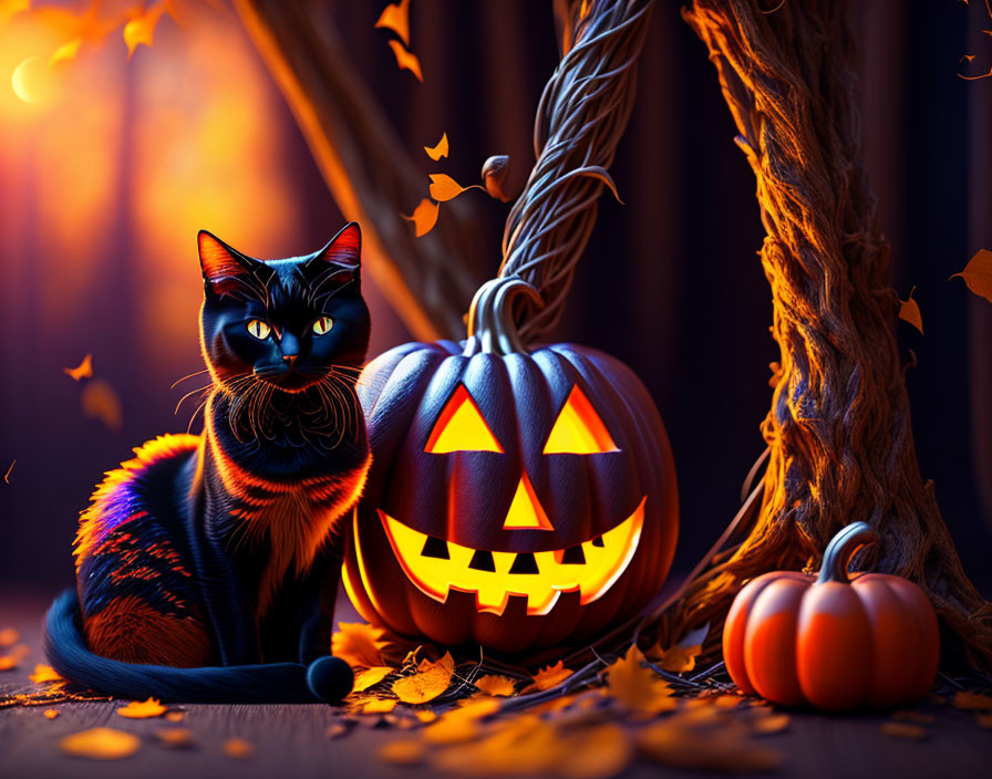 Black Cat with Orange Stripes Beside Carved Pumpkin and Candle