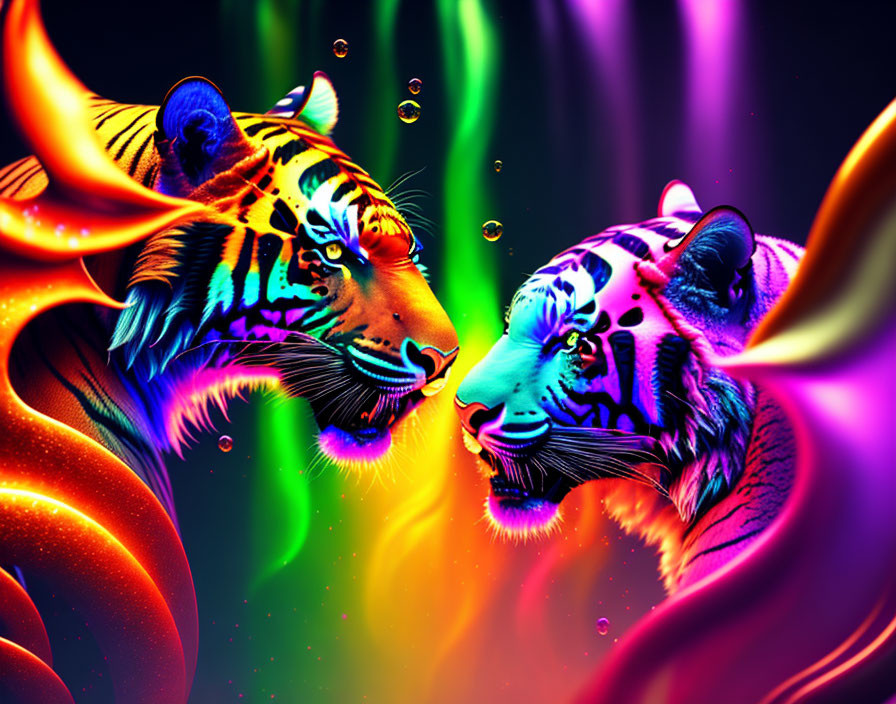 Colorful Neon Tigers Facing Each Other with Bubbles on Swirly Background