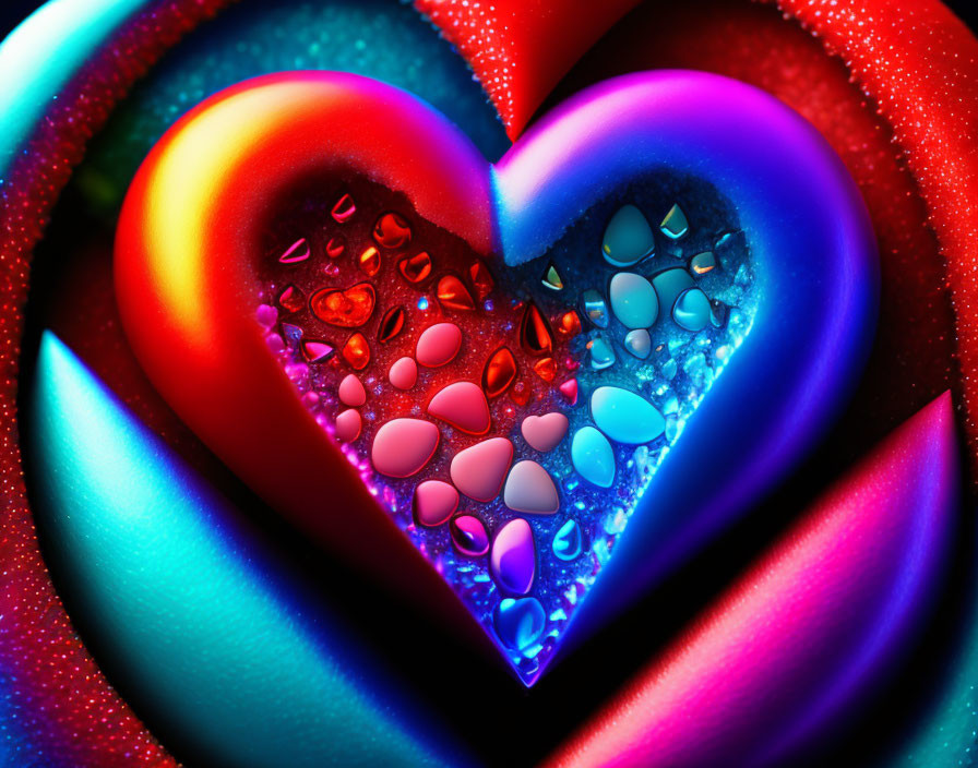 Colorful Digital Art: Glossy Heart with Multicolored Droplets