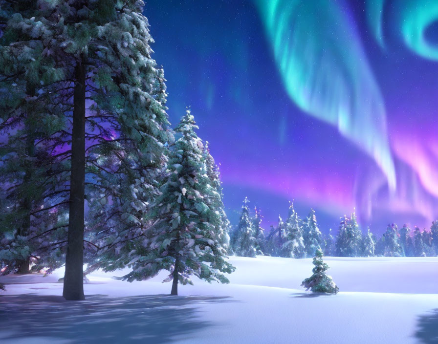 Winter scene: Snowy trees under northern lights.