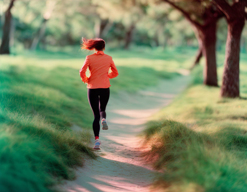 Woman in Orange Jacket Jogging on Green Path Among Trees