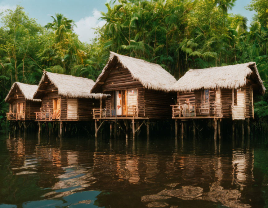 Traditional Thatched Roof Stilt Houses by Calm Water