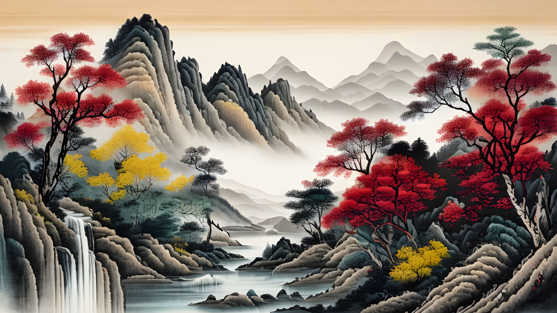 Traditional Chinese Landscape Painting: Mountains, Waterfalls, Trees, Red & Yellow Foliage, Mist