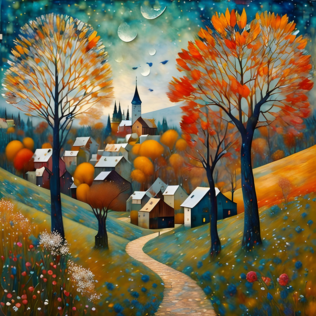 Colorful illustration: Quaint village, whimsical trees, winding path, starry sky.