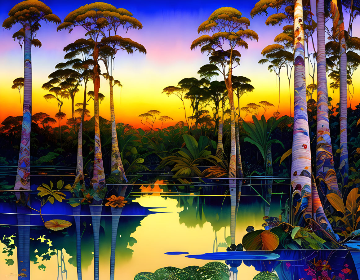 Colorful Tropical Jungle Scene Reflected on Water at Sunset