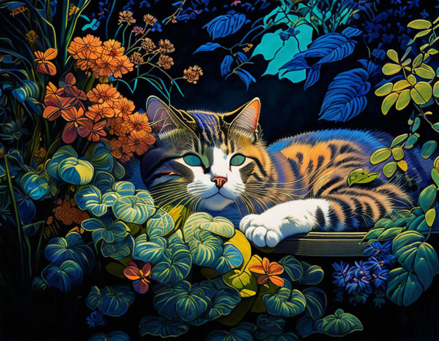 Colorful Tabby Cat Lounging on Branch in Lush Foliage