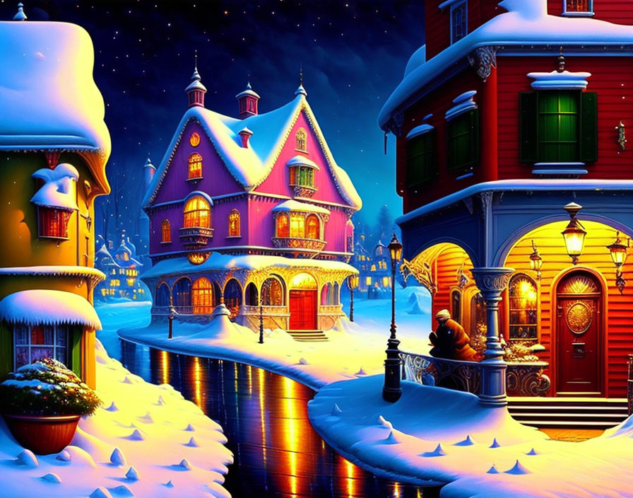 Vibrant snowy village scene with cozy houses and icy path