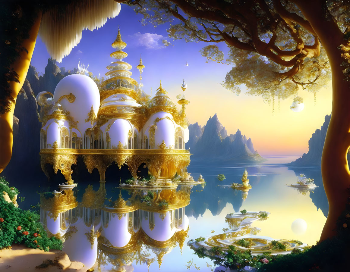 Golden-white palace in fantastical landscape with mountains, floating islands, and mirrored waters