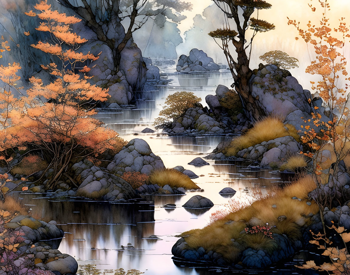 Tranquil waterfall scene in autumn forest