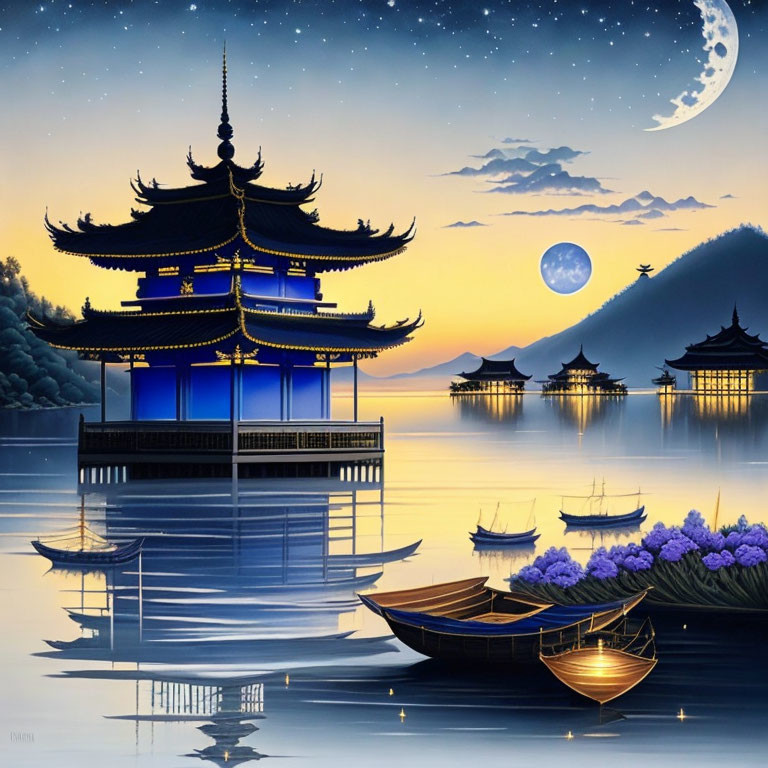 Traditional Pagoda and Boats in Tranquil Night Scene