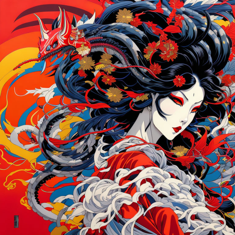 Illustrated woman with black hair and red flowers beside red dragon on red and yellow background