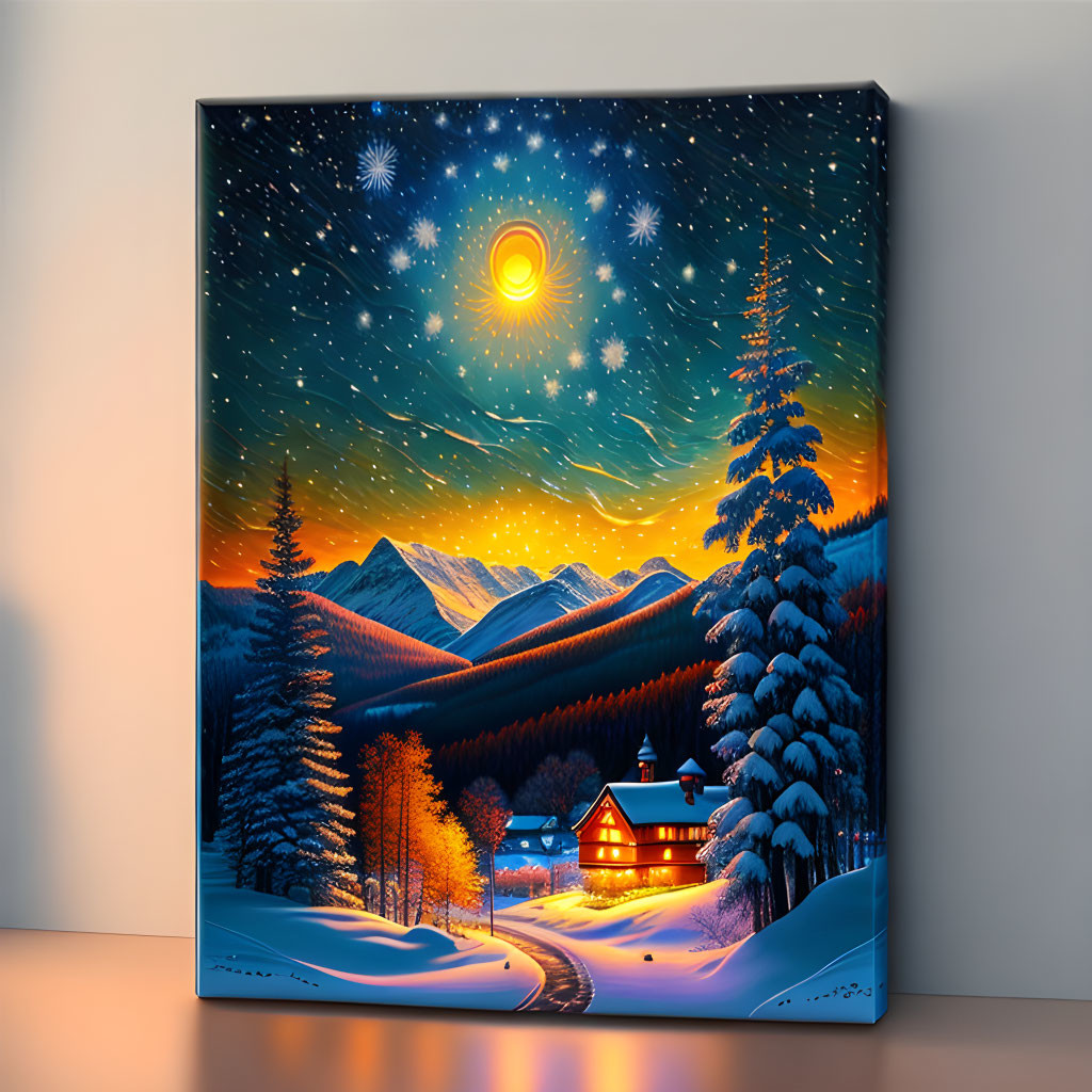 Snowy landscape canvas print with cozy cabin, pine trees, mountains, and starry night sky.