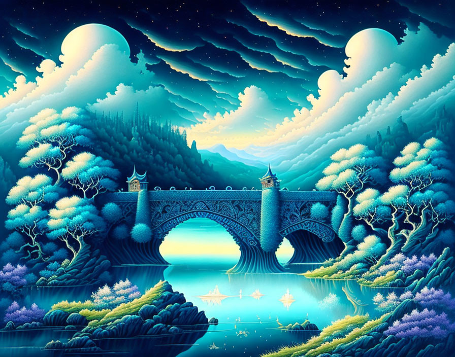 Illustration of starry night sky over mystical landscape with bridge, towers, forests, and reflective water