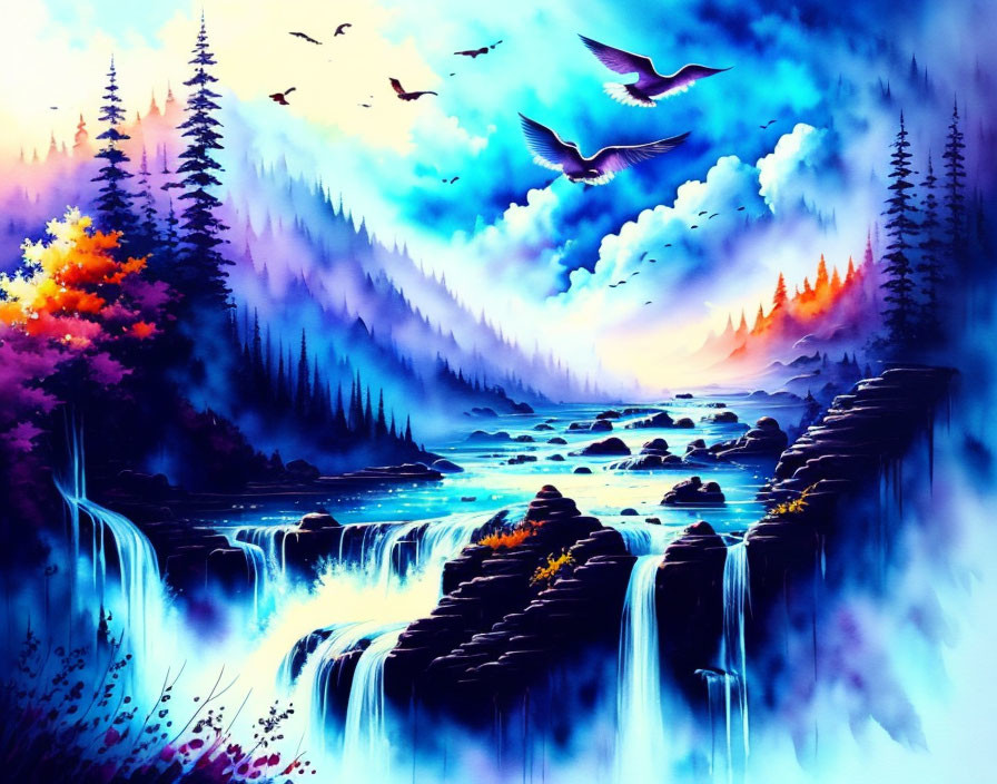 Colorful Landscape Painting: Waterfalls, River, Pine Forests at Dusk