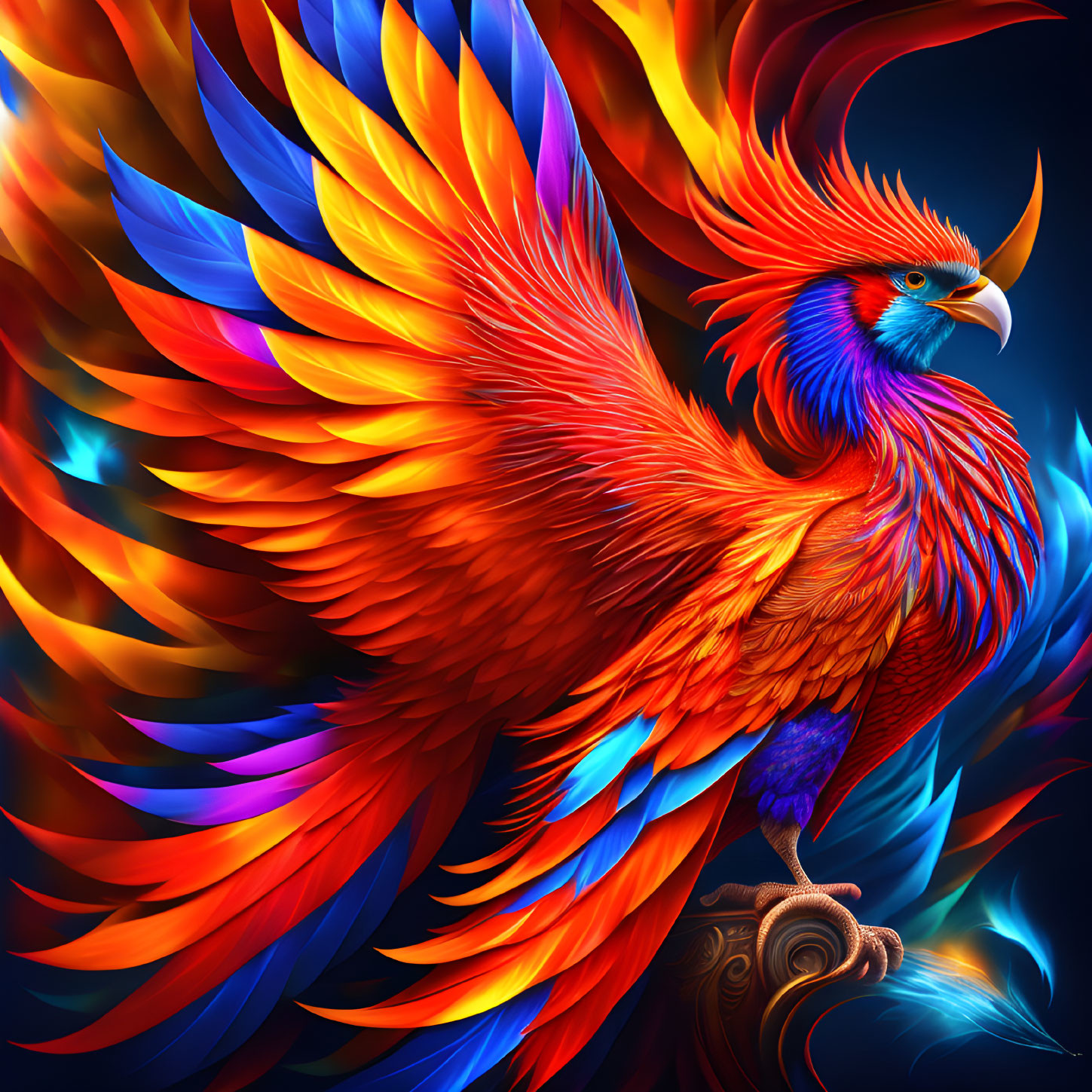 Colorful Phoenix Illustration with Vibrant Red, Orange, and Blue Feathers