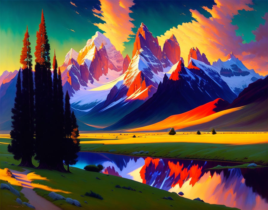 Colorful mountain landscape at sunset with river and trees