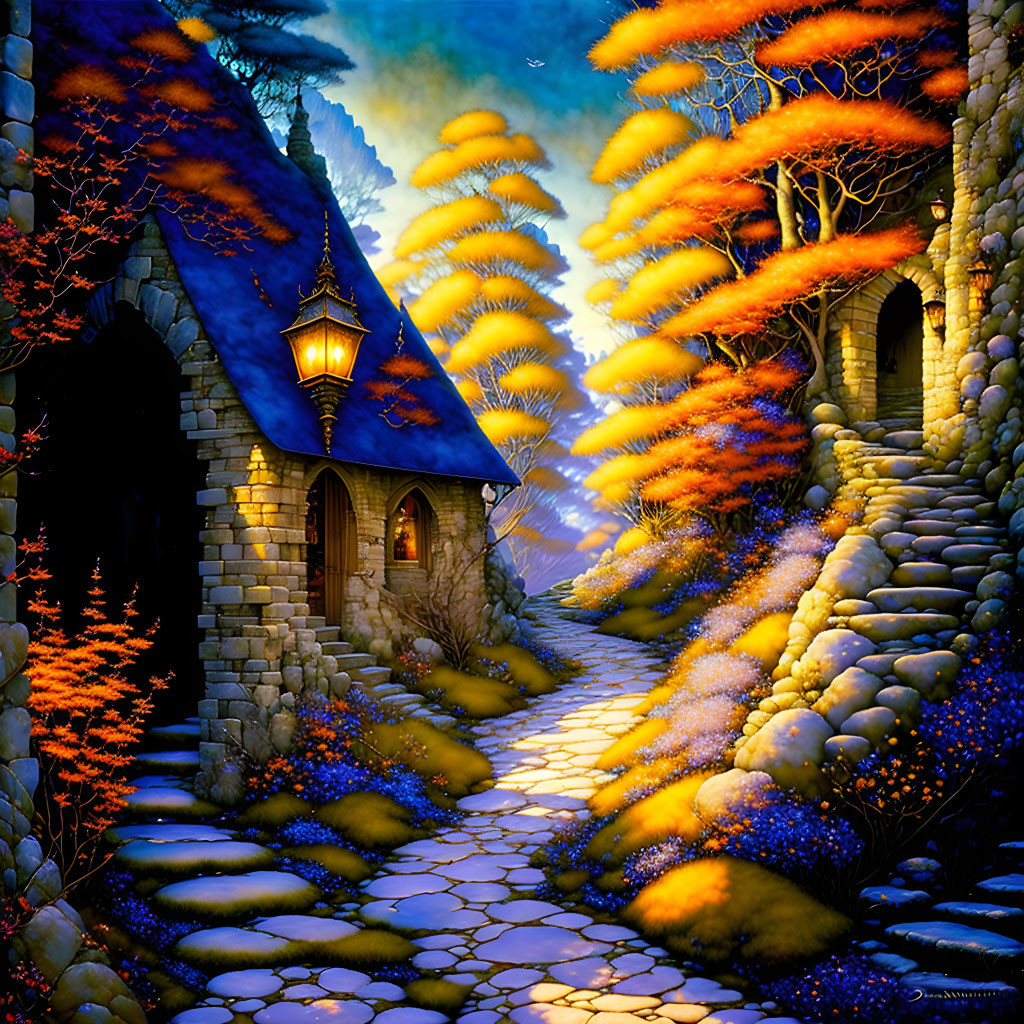 Stone Pathway Through Fantasy Landscape with Glowing Trees and Cottage