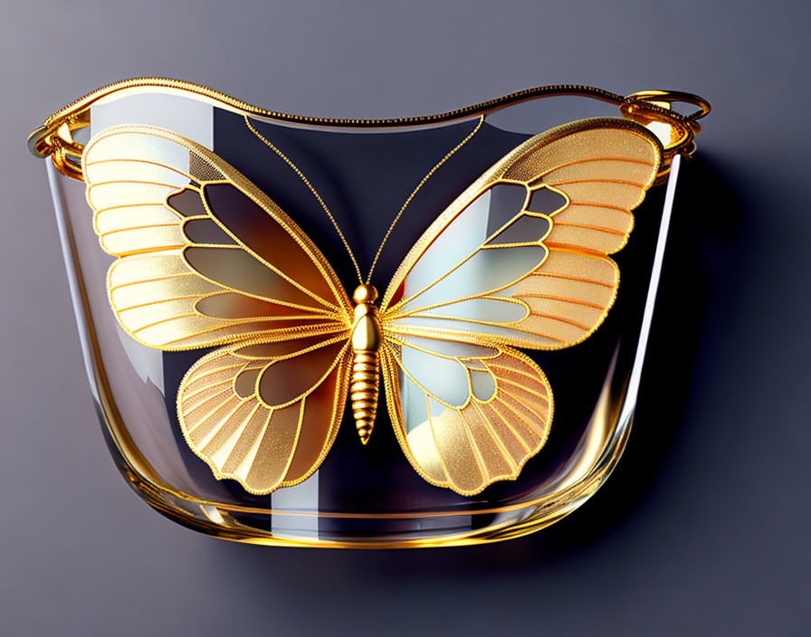 Glass Purse with Gold and Blue Butterfly Design on Dark Background