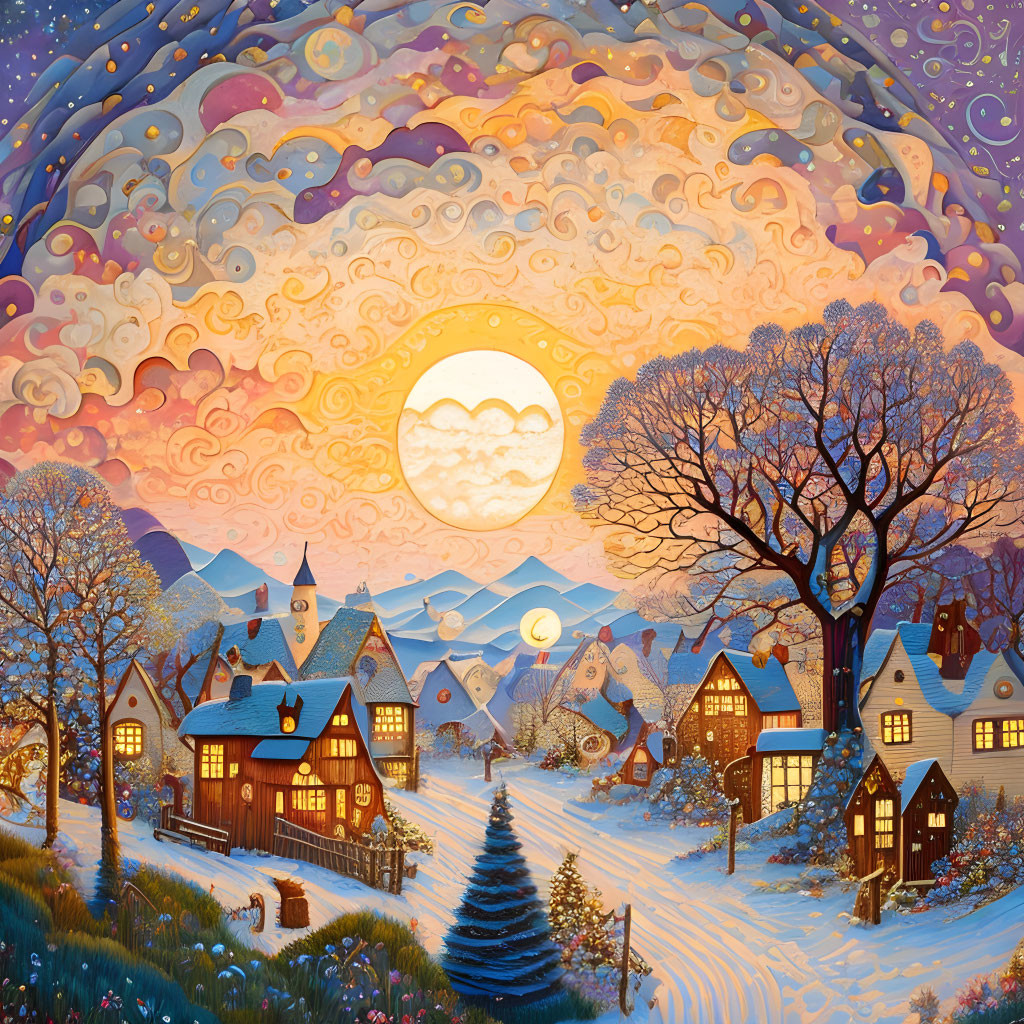 Snow-covered houses in winter village sunset scene.