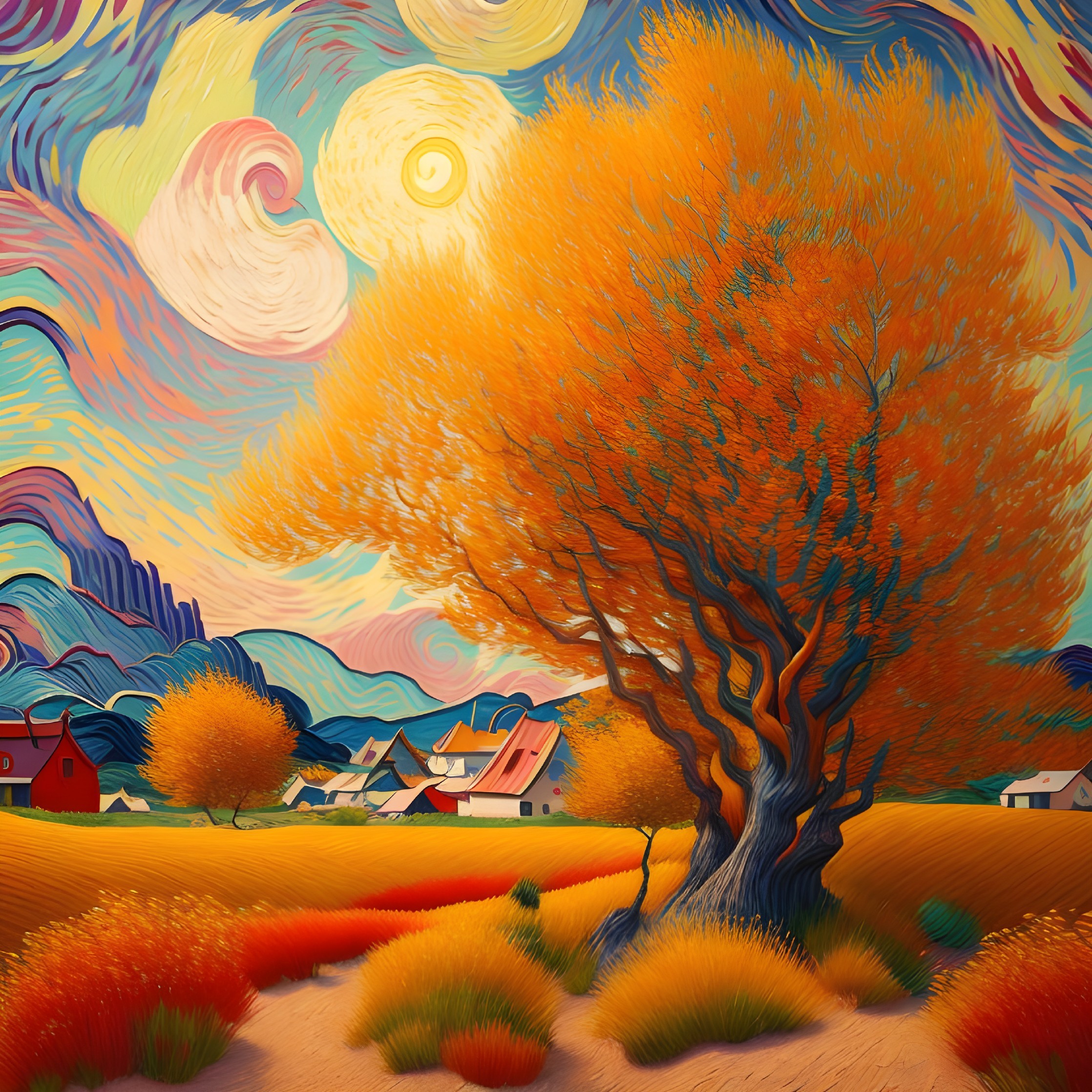 Colorful landscape with swirling skies, orange tree, hills, and houses