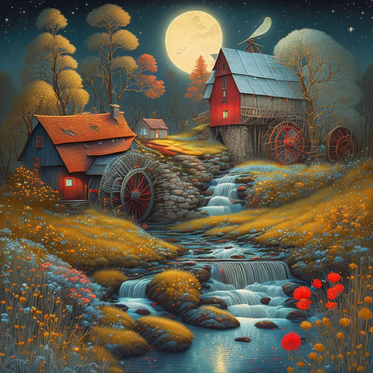 Vibrant watermill in whimsical nighttime scene