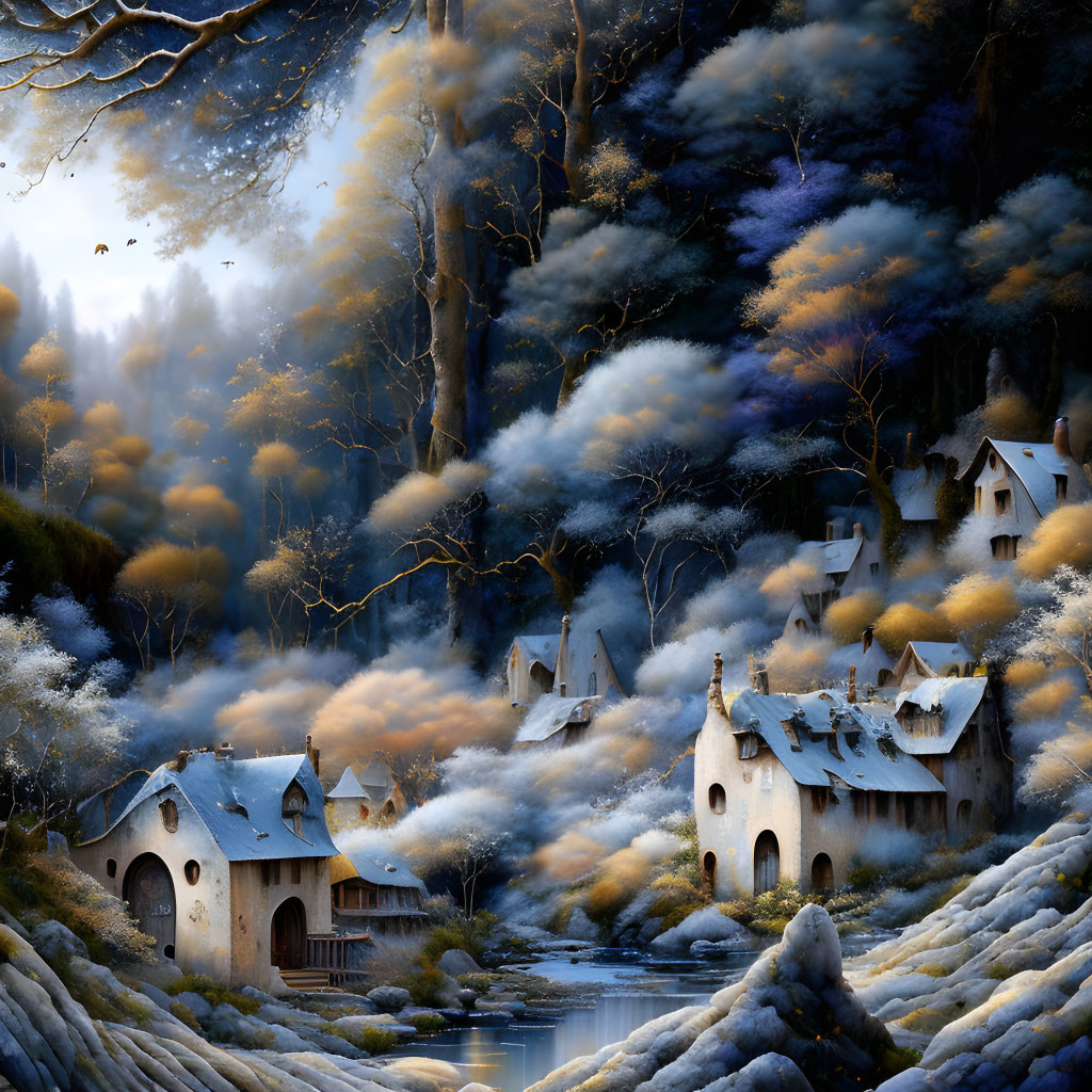 Snow-covered cottages and frosty trees in a serene winter setting