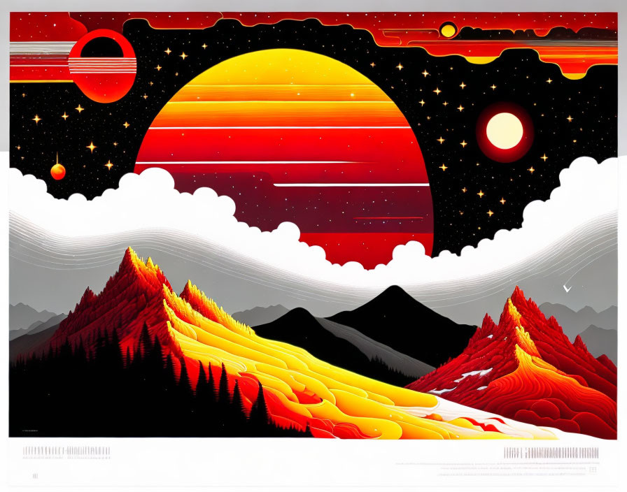 Vibrant landscape with cosmic sky and mountains