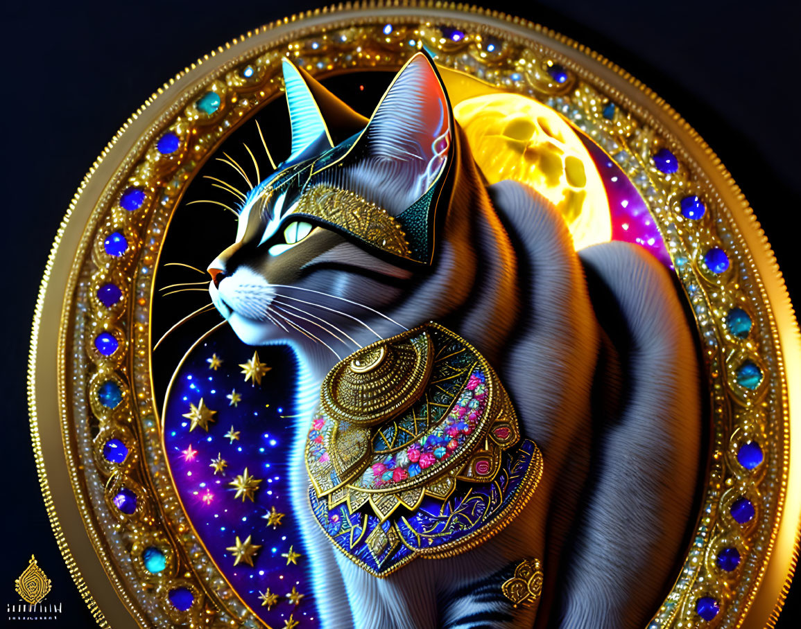 Regal cat with tribal jewelry in front of full moon and celestial background