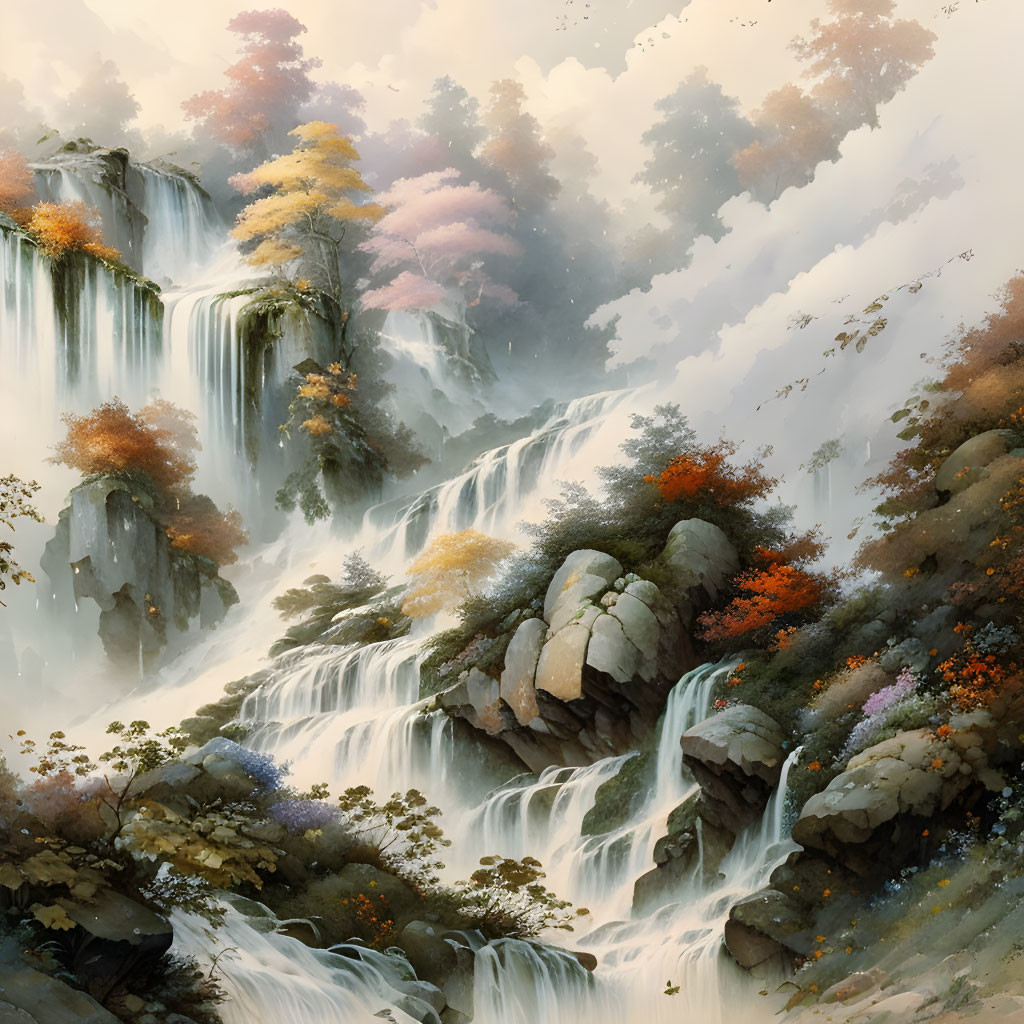 Ethereal painting: Cascading waterfall, autumn trees, mystical atmosphere