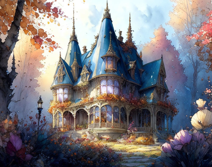 Illustration of fairy-tale mansion in autumn setting