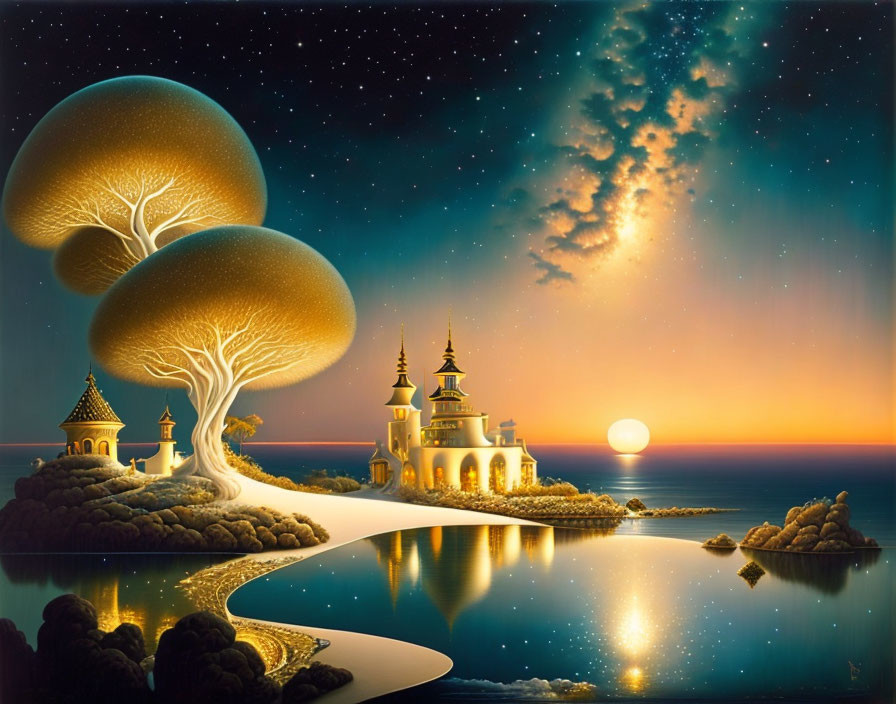 Surreal landscape with oversized glowing trees, castle by the sea, galaxy in sky