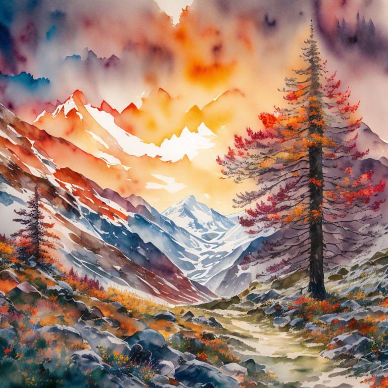 Vivid Watercolor Painting: Mountain Landscape with Autumn Trees & Colorful Sunset Sky