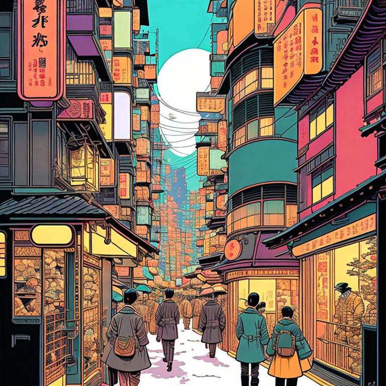 Colorful illustration of a bustling narrow street with traditional signage, people, and moon.