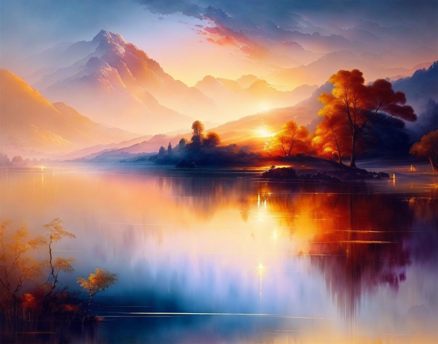 Tranquil lake at sunset with autumn mountains & trees