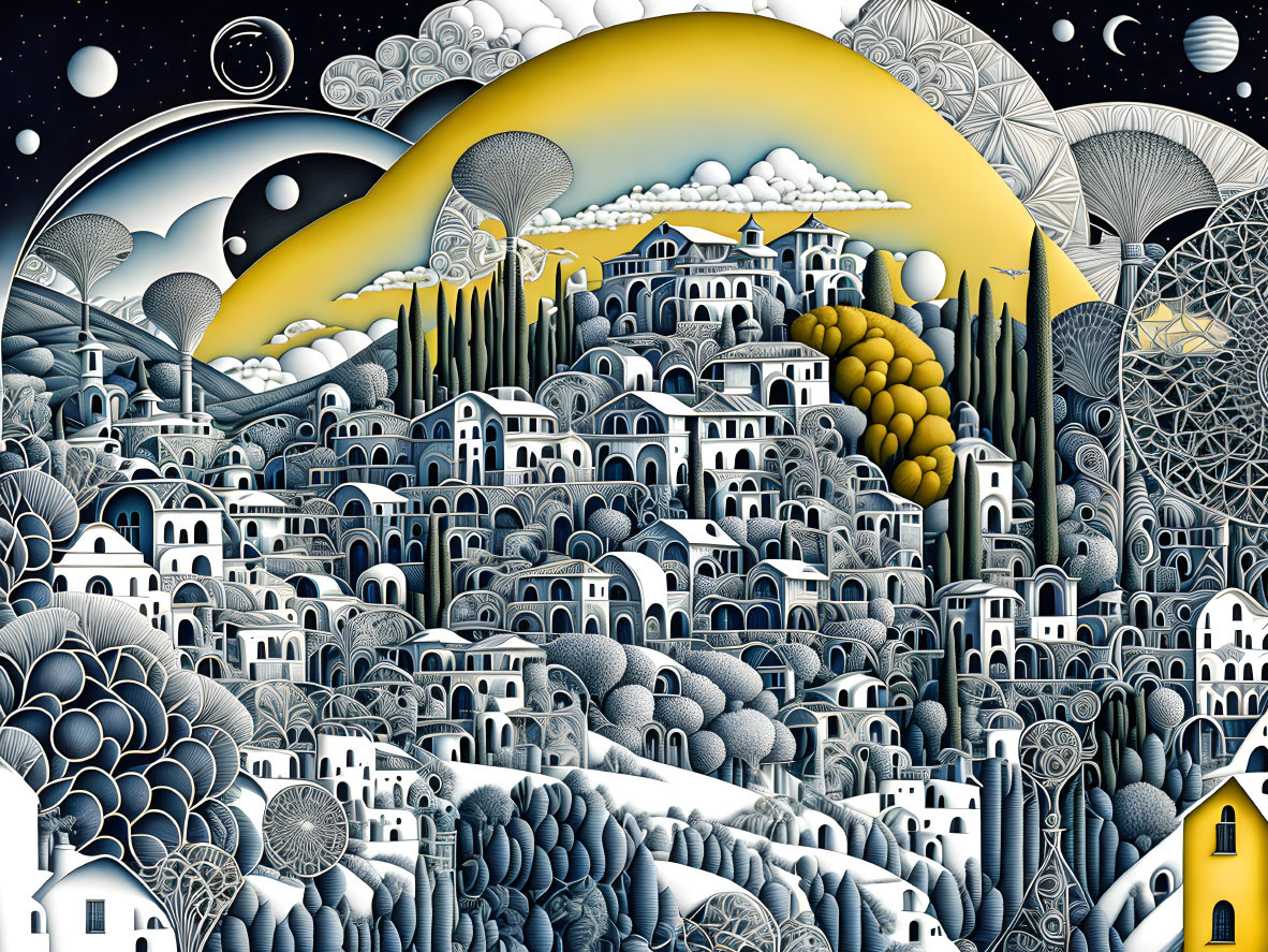 Detailed black and white fantasy landscape under yellow crescent moon