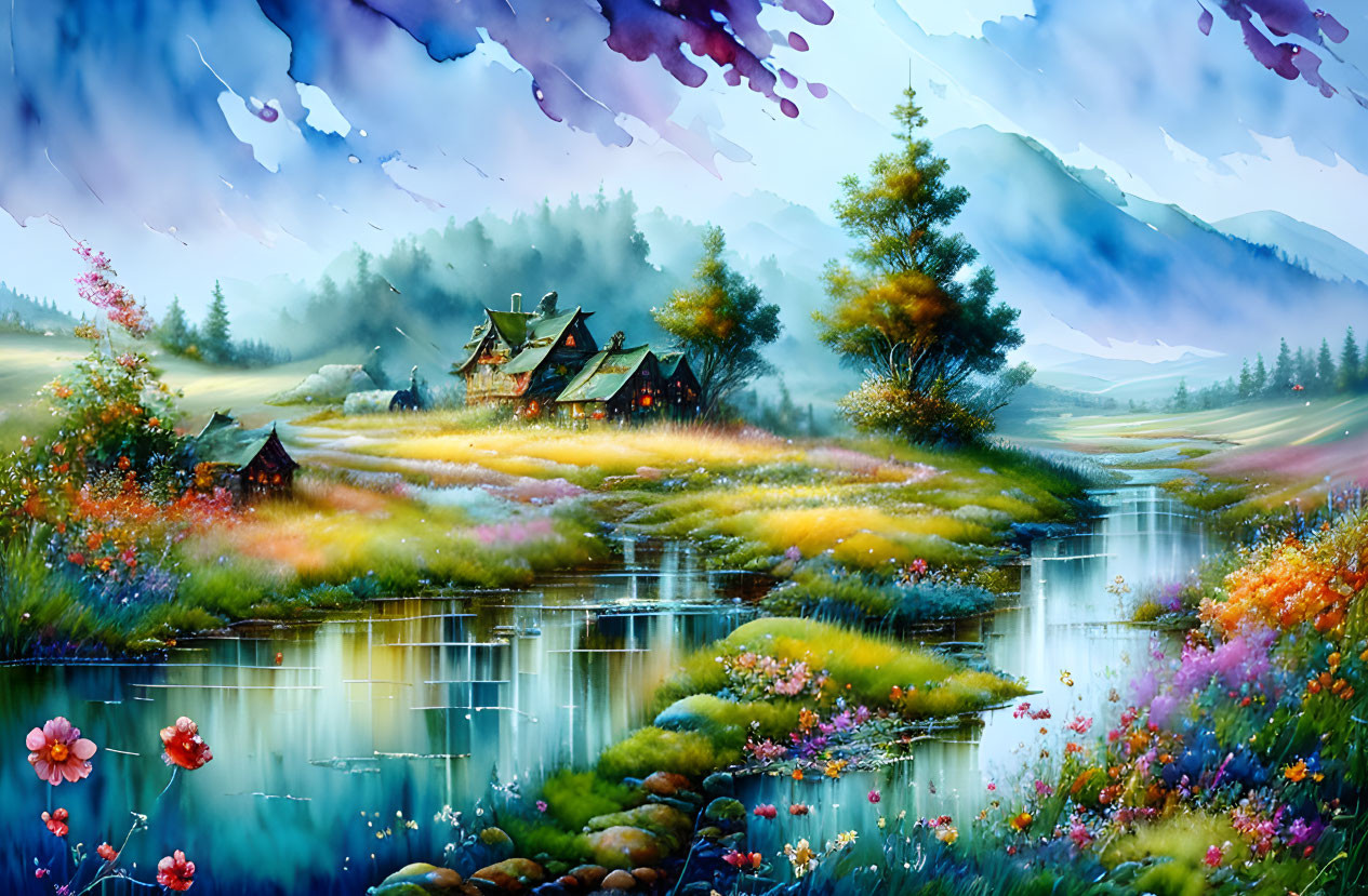 Colorful landscape painting: river, flowers, cottages, mountains, sky