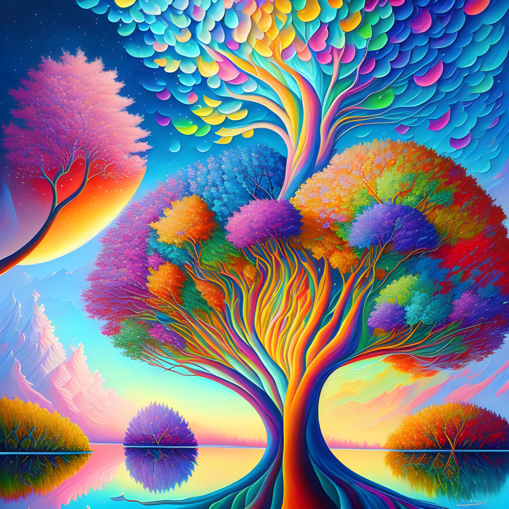 Colorful, Stylized Tree Painting with Rainbow Backdrop