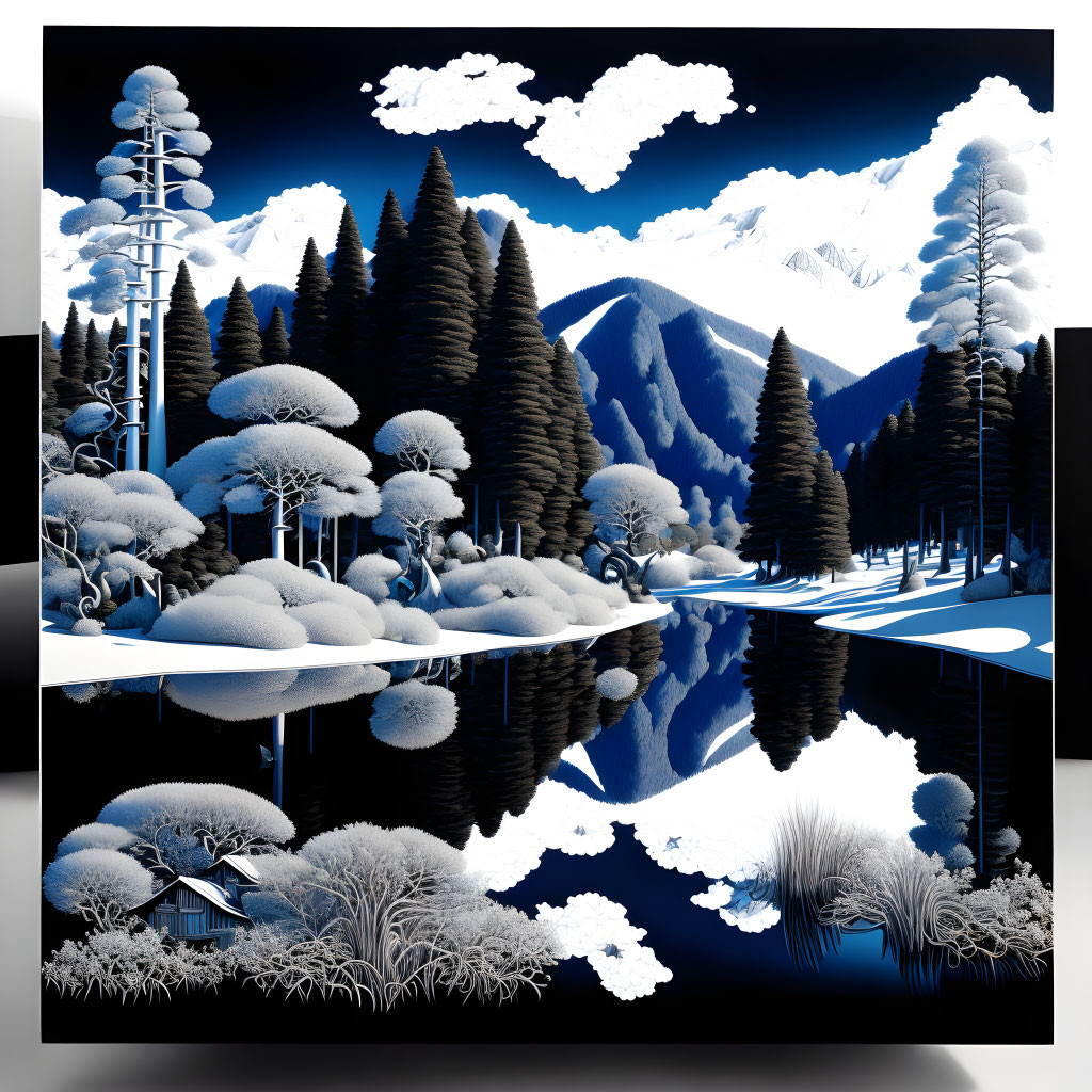 Monochromatic landscape with trees, mountains, house, and water reflections in shades of blue and black