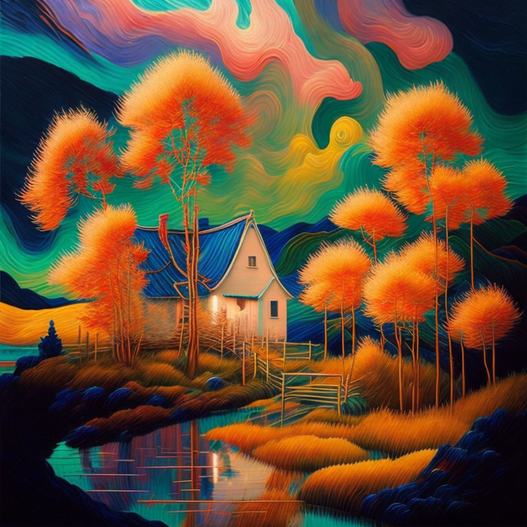 Colorful whimsical landscape with cottage, reflective lake, fiery orange trees, and multicolored sky