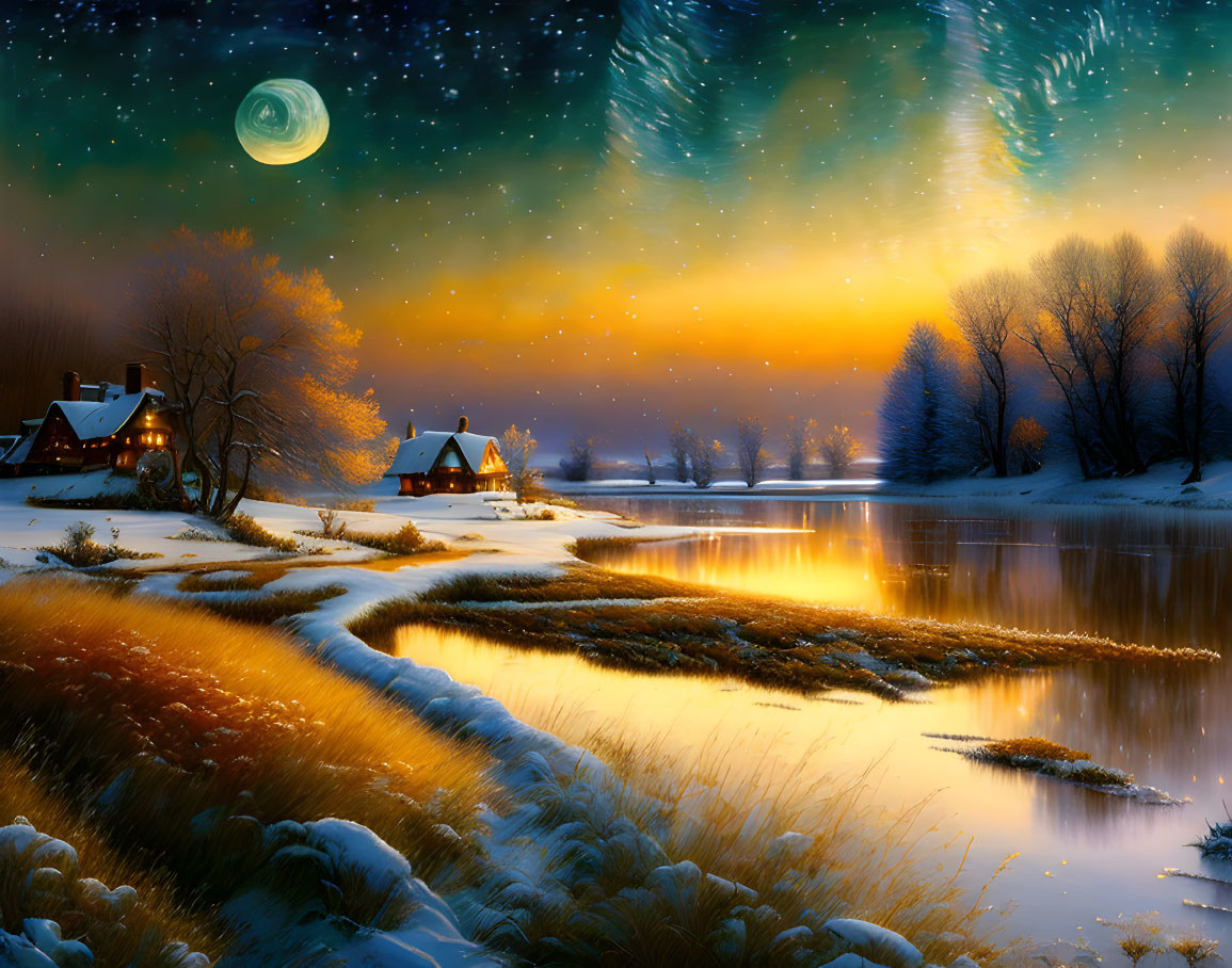 Winter Twilight Scene: Starry Sky, Illuminated Houses, Frozen River, Aurora