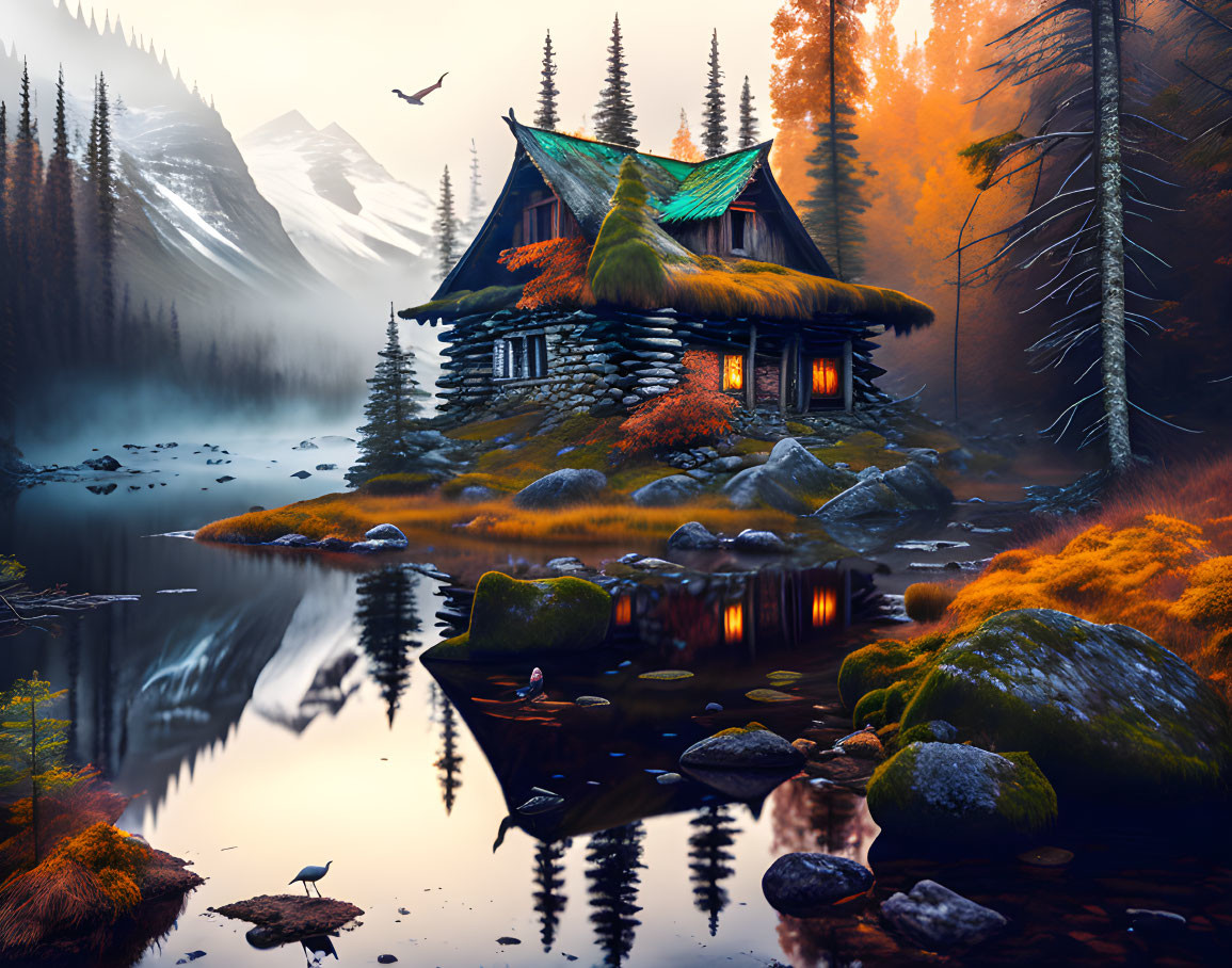 Turquoise roof cottage in autumn forest by lake with misty mountains.