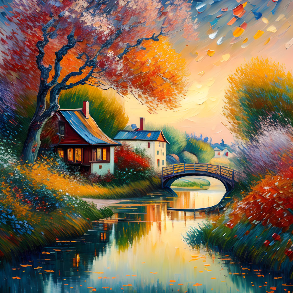 Serene riverside painting with cozy house, autumn trees, wooden bridge