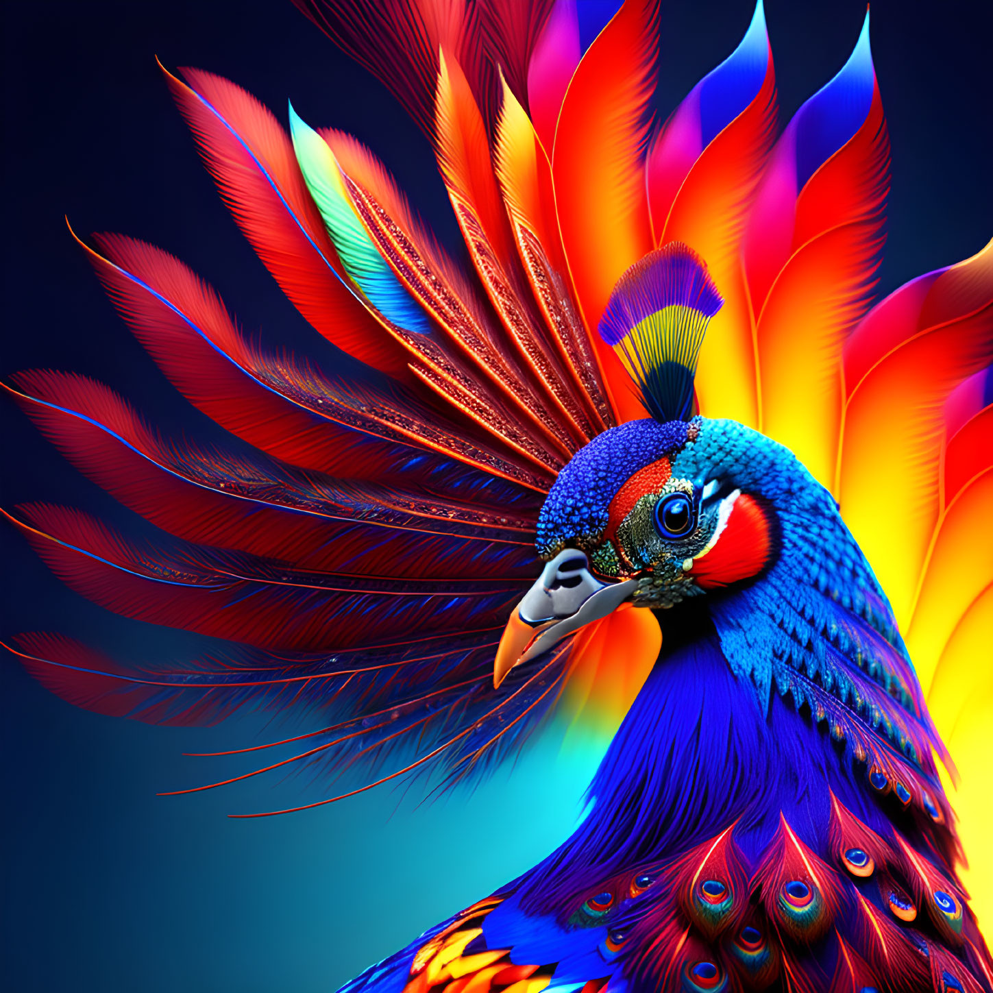 Colorful Peacock Artwork with Luxuriant Feathers on Dark Blue Background