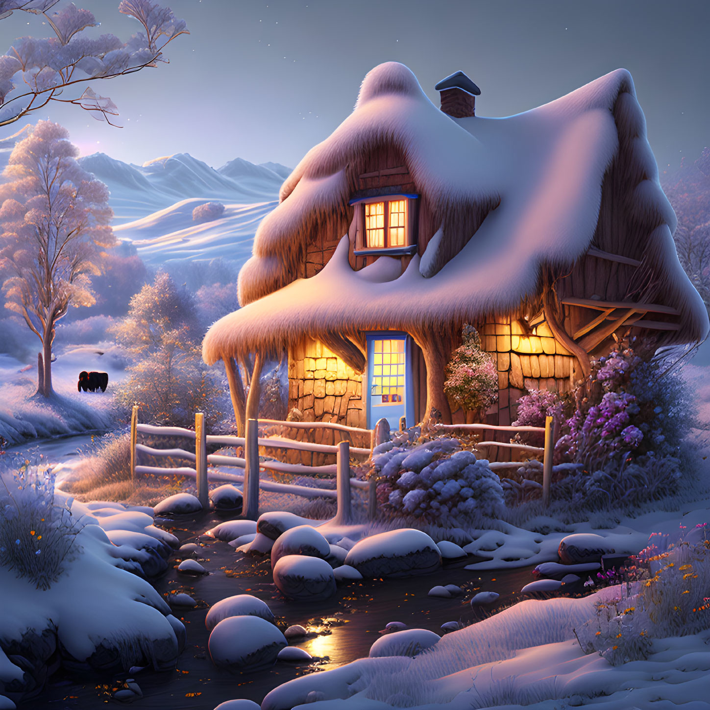 Snow-covered cottage in serene winter landscape