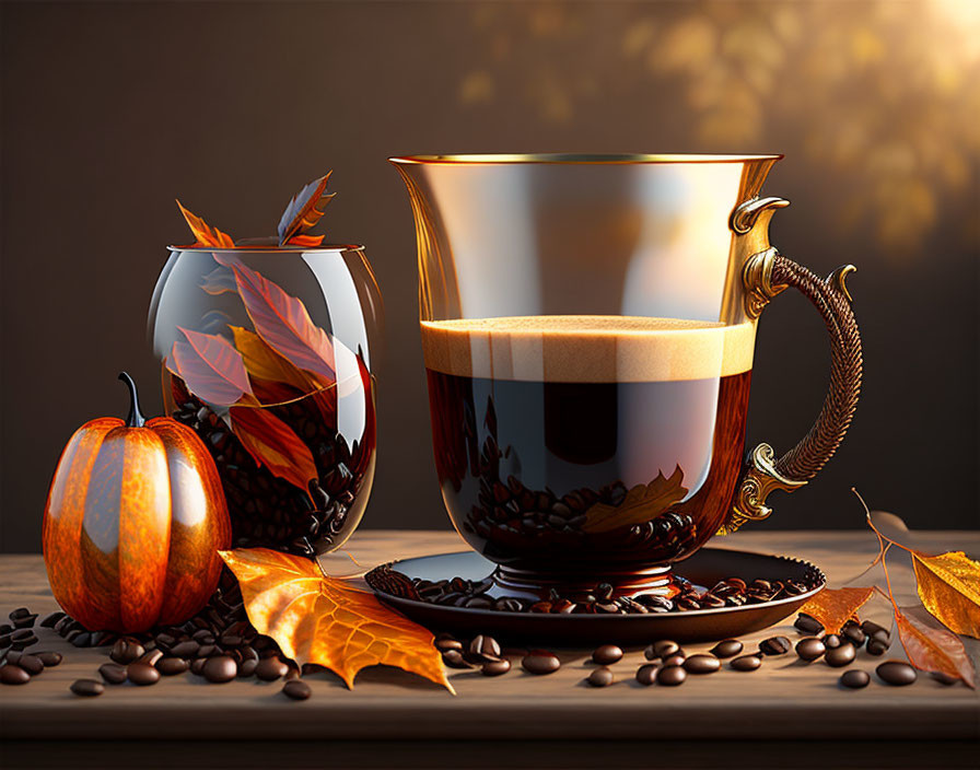 Autumn-themed still life with coffee cup, glass, pumpkin, and leaves