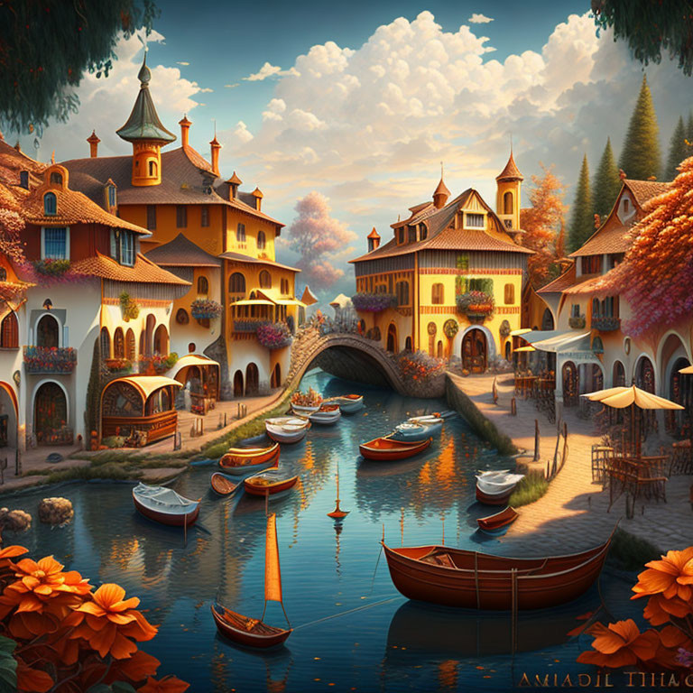 European Village with Canal, Arched Bridge, Rowboats & Autumn Foliage