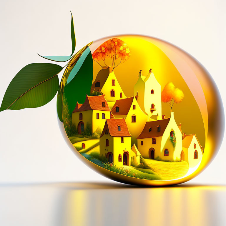 Egg-shaped whimsical village scene on glossy surface