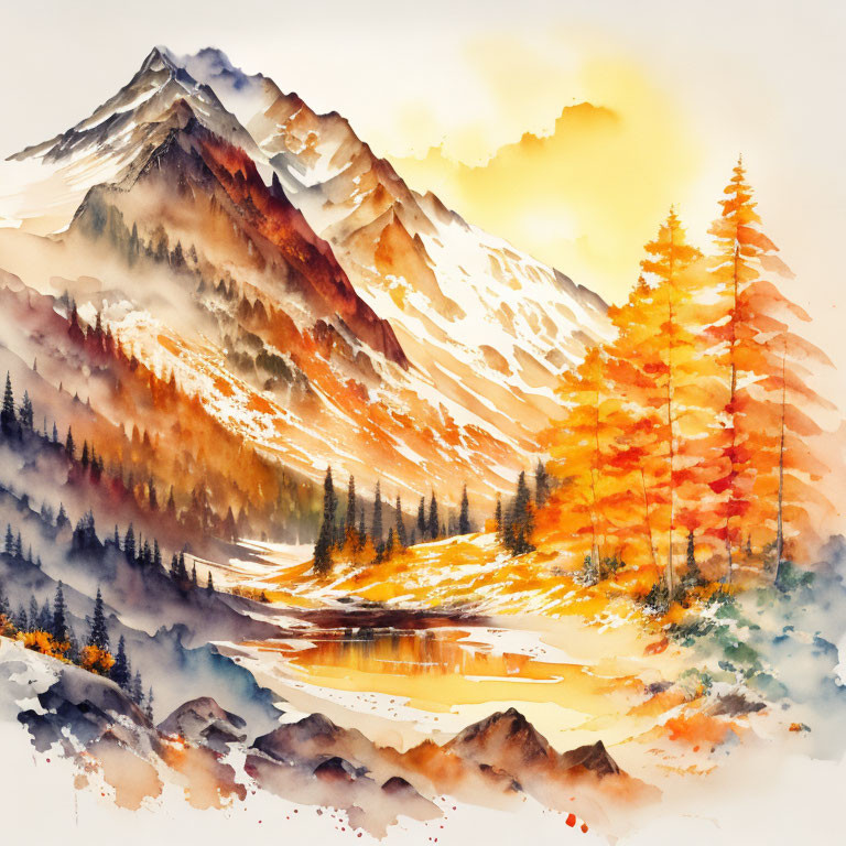 Mountain range watercolor painting with autumn trees and serene lake