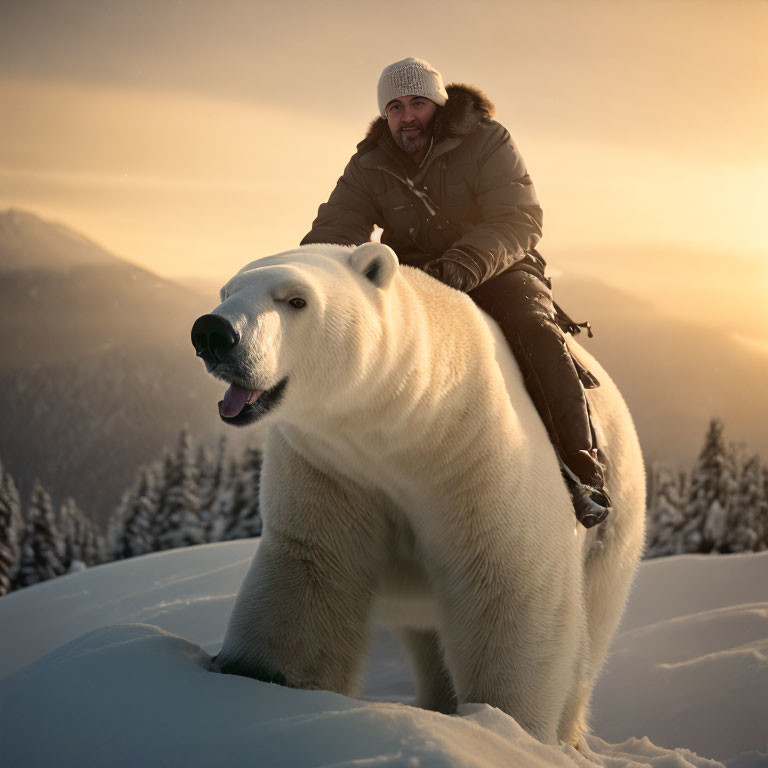 Person riding giant polar bear in snowy landscape at sunset